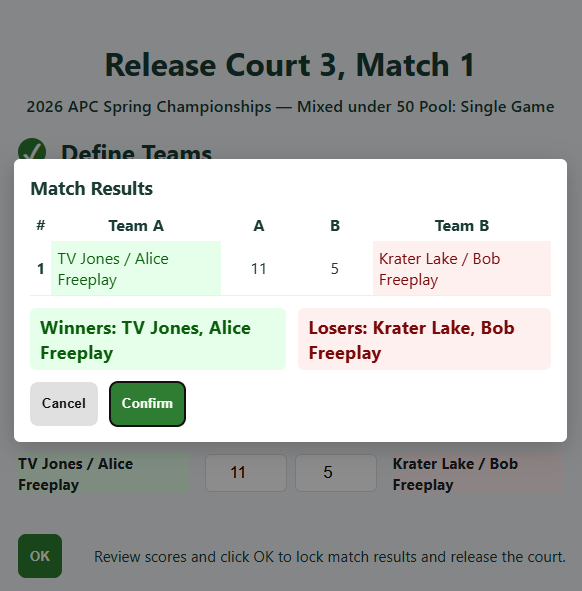 Court Release dialog — confirm teams, enter scores, and release the court