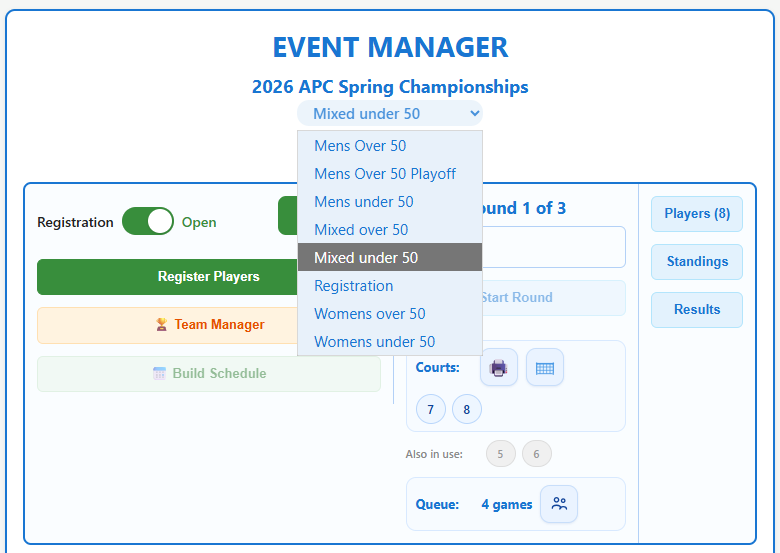 Bracket switcher dropdown — top of Event page showing current bracket name and list of all brackets