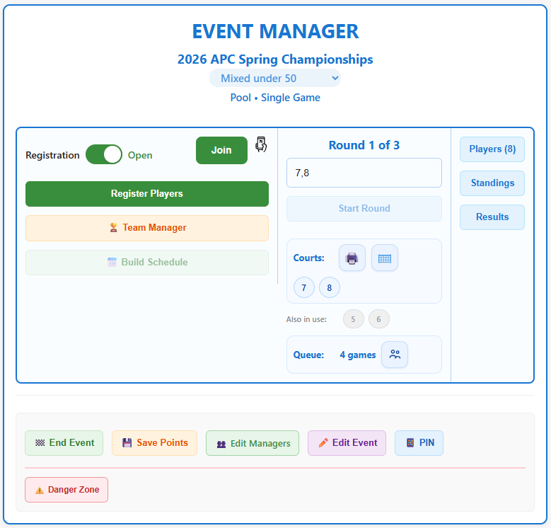 Event Manager page — 3-panel layout: Registration (left), Courts & Rounds (middle), Results (right), Admin Actions below