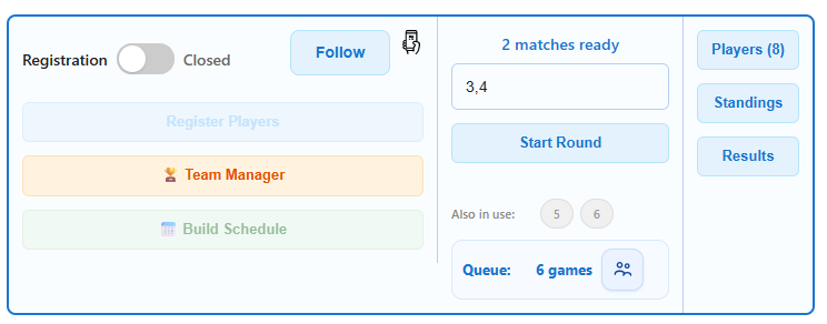 Courts & Rounds panel — active round showing round indicator, court input, and pill badges