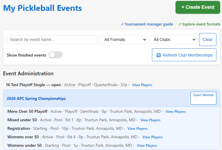 Events page with name filter active — sticky filter bar at top, brackets grouped under tournament name